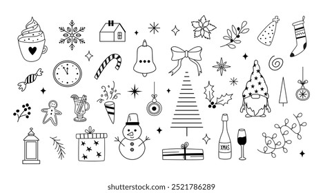 Christmas and New Year linear icons and doodles. Hand-drawn festive line art. Outline sketch isolated on white background. Winter holidays season.