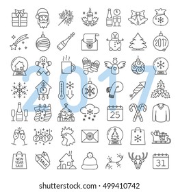 Christmas and New Year linear icons set. Present box, socks, Santa Claus, snow angel, jingle bells, snowman, Christmas tree, mistletoe, garland. Thin line contour symbols. Isolated vector illustration