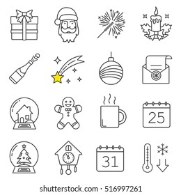 Christmas and New Year linear icons set. Gift box, Santa Claus, sparkler, candle, champagne, falling star, Xmas tree ball, snow globes, ginger man, hot cup. Thin line. Isolated vector illustrations