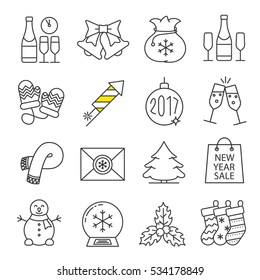 Christmas and New Year linear icons set. Champagne, jingle bells, snowman, 2017 Xmas tree ball, firework, mittens, scarf, fir tree. Thin line contour symbols. Isolated vector illustrations