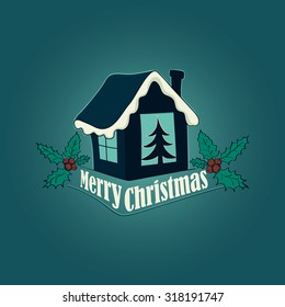 Christmas and New year logo and emblem with xmas tree, holly berries and Christmas house . Logo Christmas style for your design