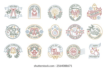 Christmas and New Year logos, labels, icons. A set of 15 Christmas logotypes. Snowflake, Candle, Santa Claus, Angel. Ideal for branding Christmas fairs, gifts, greeting cards. Vector illustration