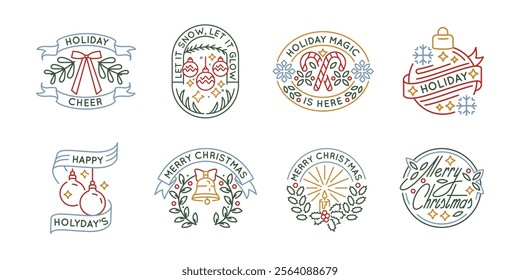 Christmas and New Year logos, labels, icons. A set of 8 Christmas logotypes. Snowflake, Candle, Santa Claus, Angel. Ideal for branding Christmas fairs, gifts, greeting cards. Vector illustration