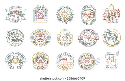 Christmas and New Year logos, labels, icons. A set of 15 Christmas logotypes. Snowflake, Candle, Santa Claus, Angel. Ideal for branding Christmas fairs, gifts, greeting cards. Vector illustration