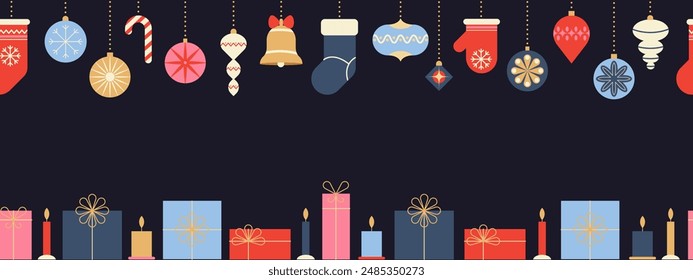 Navidades y Nuevo año de vacaciones sin fin de frontera. Ilustración vectorial colorida brillante en estilo plano de dibujos animados.  Bonita decoración de vacaciones, regalos, calcetines, adornos, velas.