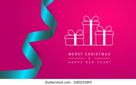 Christmas New year luxury card. Holiday Xmas elegance banner design with realistic ribbon, gifts. Modern minimalist background, design for poster, greeting card, headers, web mail. Vector illustration