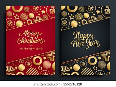 Christmas and New Year luxury holiday cards with gold handwritten inscriptions Merry Christmas and Happy New Year with gold colored christmas balls, stars and snowflakes. Vector illustration.