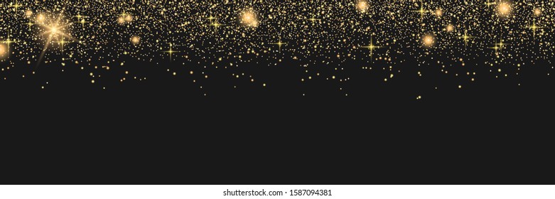 Christmas and New Year luxury vector banner template. Golden stars and snowflakes on black background