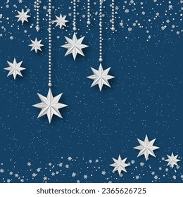 Navidad y Año Nuevo fondo vectorial de lujo con estrellas y copos de nieve. Diseño para banner, volante cuadrado, tarjeta de invitación, cupón, cupón