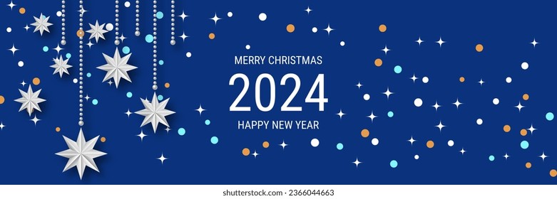 Navidad y Año Nuevo fondo vectorial de lujo con estrellas y copos de nieve. Diseño de banner, volante, tarjeta de invitación, cupón, cupón