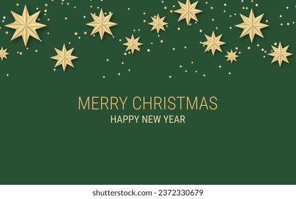 Christmas and New Year luxury vector illustration. Green background with golden stars and snowflakes. Design template for banner, horizontal flyer, invitation card