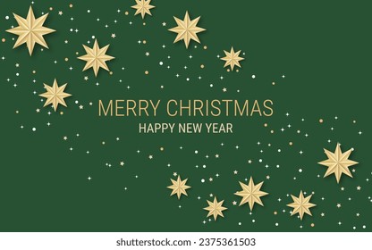 Luxus-Vektorgrafik zu Weihnachten und Neujahr. Grüner Hintergrund mit goldenen Sternen und Schneeflocken. Design-Vorlage für Banner, horizontalen Flyer, Einladungskarte