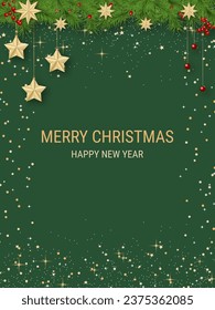 Navidad y Año Nuevo fondo vectorial de lujo con estrellas y copos de nieve. Diseño de banner, volante, tarjeta de invitación, cupón, cupón