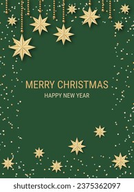 Weihnachten und Neujahr luxuriöser Vektorhintergrund mit Sternen und Schneeflocken. Design für Banner, Flyer, Einladungskarte, Coupon, Gutschein