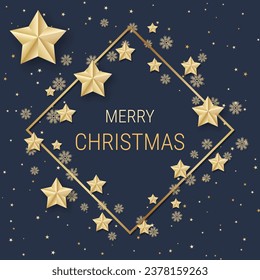 Christmas and New Year luxury vector illustration. Black background with golden stars and snowflakes. Design for square flyer, invitation card, voucher, coupon