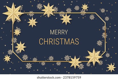 Christmas and New Year luxury vector illustration. Black background with golden stars and snowflakes. Design for horizontal flyer, invitation card, voucher, coupon