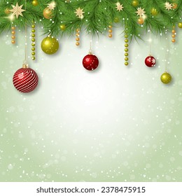 Christmas and New Year luxury vector illustration. Light background with stars, snowflakes and winter decor. Design for banner, square flyer, invitation card, coupon, voucher