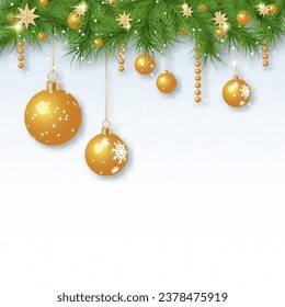 Christmas and New Year luxury vector illustration. Light background with stars, snowflakes and winter decor. Design for banner, flyer, invitation card, coupon, voucher