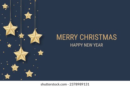 Christmas and New Year luxury vector illustration. Black background with golden stars and snowflakes. Design template for banner, horizontal flyer, invitation card