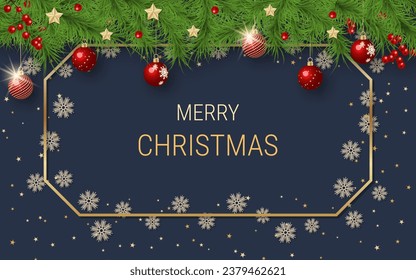 Christmas and New Year luxury vector illustration. Black background with golden stars and snowflakes. Design for horizontal flyer, invitation card, voucher, coupon