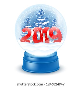 Christmas and New Year magic snow globe on white background. Digits 2019 and fir trees inside. Vector illustration.