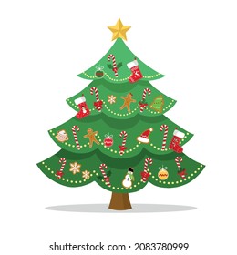 Christmas and New Year Magical green tree with so many holiday decorations isolated on white  background. Can be used easily for celebration cards or banner designs or for any other use.