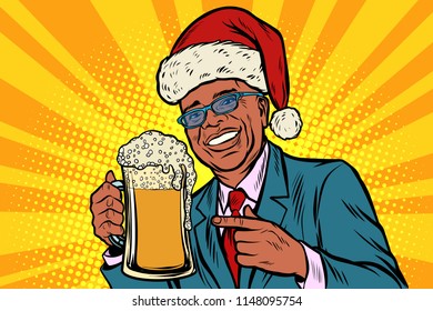Christmas and New year. man with a mug of beer foam. African American people. Comic cartoon pop art retro vector illustration drawing
