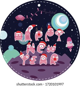 Christmas and New Year .many English alphabet aliens in space are celebrating Merry Christmas and happy new year. there are planets and aliens.Universe with cute cartoon planets for kids
