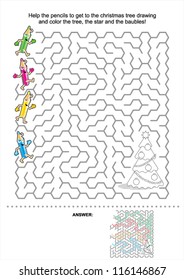 Christmas or New Year maze game for kids: Help the pencils to get to the christmas tree drawing and color the tree, the star and the baubles! Answer included. For high res JPEG see image 116146870