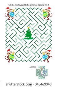 Christmas or New Year maze game: Help the monkey Santa helpers get to the christmas tree and trim it. Answer included.
