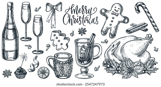 Christmas and New Year meal dishes, vintage icons set. Vector hand drawn sketch illustration of holiday food and drinks. Traditional menu design elements isolated on white background