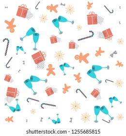 Christmas New year Memphis pattern with bells, candy cane, Christmas balls and abstract geometric shapes in  retro style.  Trendy Modern Poster, Card with Geometric Elements design.  Colorful vector