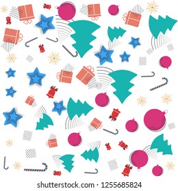 Christmas New year Memphis pattern with bells, candy cane, Christmas balls and abstract geometric shapes in  retro style.  Trendy Modern Poster, Card with Geometric Elements design.  Colorful vector