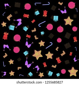 Christmas New year Memphis pattern with bells, candy cane, Christmas balls and abstract geometric shapes in  retro style.  Trendy Modern Poster, Card with Geometric Elements design.  Colorful vector