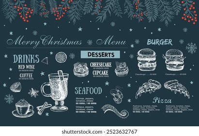Navidades y cafetería de menú del Año Nuevo. Diseño de Plantilla. Ilustraciones dibujadas a mano.	