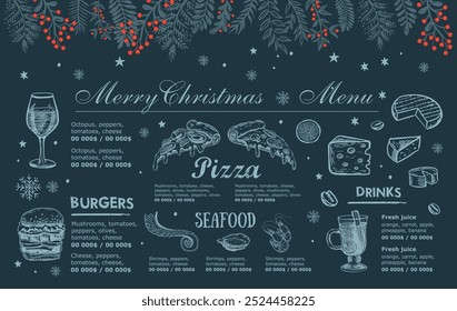 Christmas and New Year menu cafe. Template design. Hand drawn illustrations. Vector.	