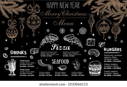 Christmas and New Year menu cafe. Template design. Hand drawn illustrations. Vector.