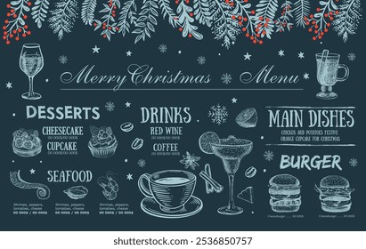 Christmas and New Year menu cafe. Template design. Hand drawn illustrations. Vector.	