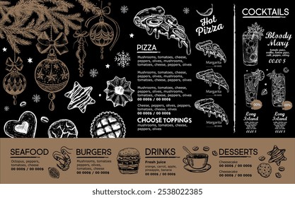 Christmas and New Year menu cafe. Template design. Hand drawn illustrations. Vector.	