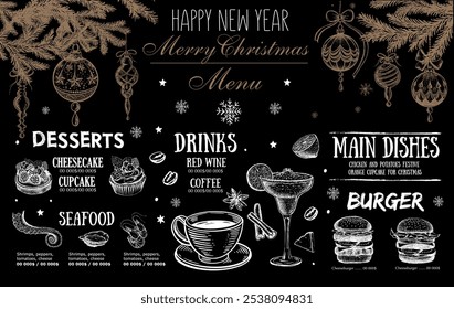 Navidades y cafetería de menú del Año Nuevo. Diseño de Plantilla. Ilustraciones dibujadas a mano. Vector.	