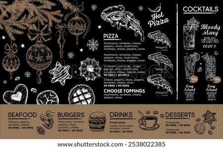 Christmas and New Year menu cafe. Template design. Hand drawn illustrations. Vector.	