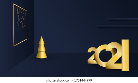 Christmas New Year. Minimal background with 3D christmas trees and picture on the wall. 2021. Realistic objects. Design Greeting card, Christmas background, poster, banner. Vector