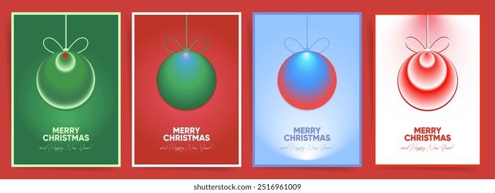 Christmas and New Year minimalist poster templates set. Modern gradient design with Christmas ornament silhouettes. A4 size backgrounds in festive colors for greeting cards, banners, posters, flyers.