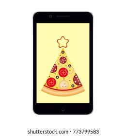 Christmas and New Year mobile pizza food delivery search. Pizza slice in tree shape with star on top. Pizza Christmas tree. Illustration for advertisement, web sites, banners design. Vector 