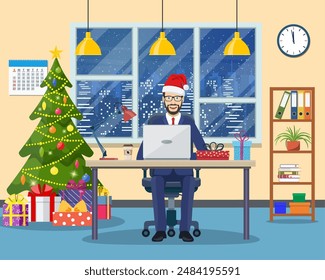 Christmas and New Year in modern office workplace interior. businessman, working at computer in office. Merry christmas holiday. New year and xmas celebration Vector illustration in a flat style .