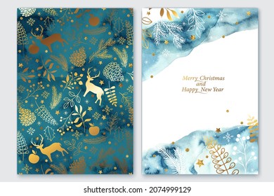  Christmas, New Year mood card design. Holiday greeting card. Hand drawn  pine branches, leaves, botanicals. blue watercolor background.
