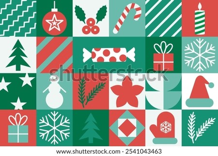 Christmas and New Year mosaic pattern. Abstract geometric holiday symbols. Modern Christmas background.