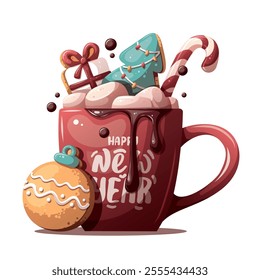 Christmas and New Year mug with hot chocolate and gingerbread cookies. Isolated Vector illustration.