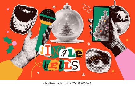 Christmas and New Year music party paper collage elements in a halftone style. Templates for posters, holidays, party celebrations. Vector