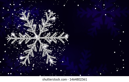Christmas and New Year navy blue background with silver snowflake. Xmas decoration. Template for greeting card, banner or poster. Vector illustration.